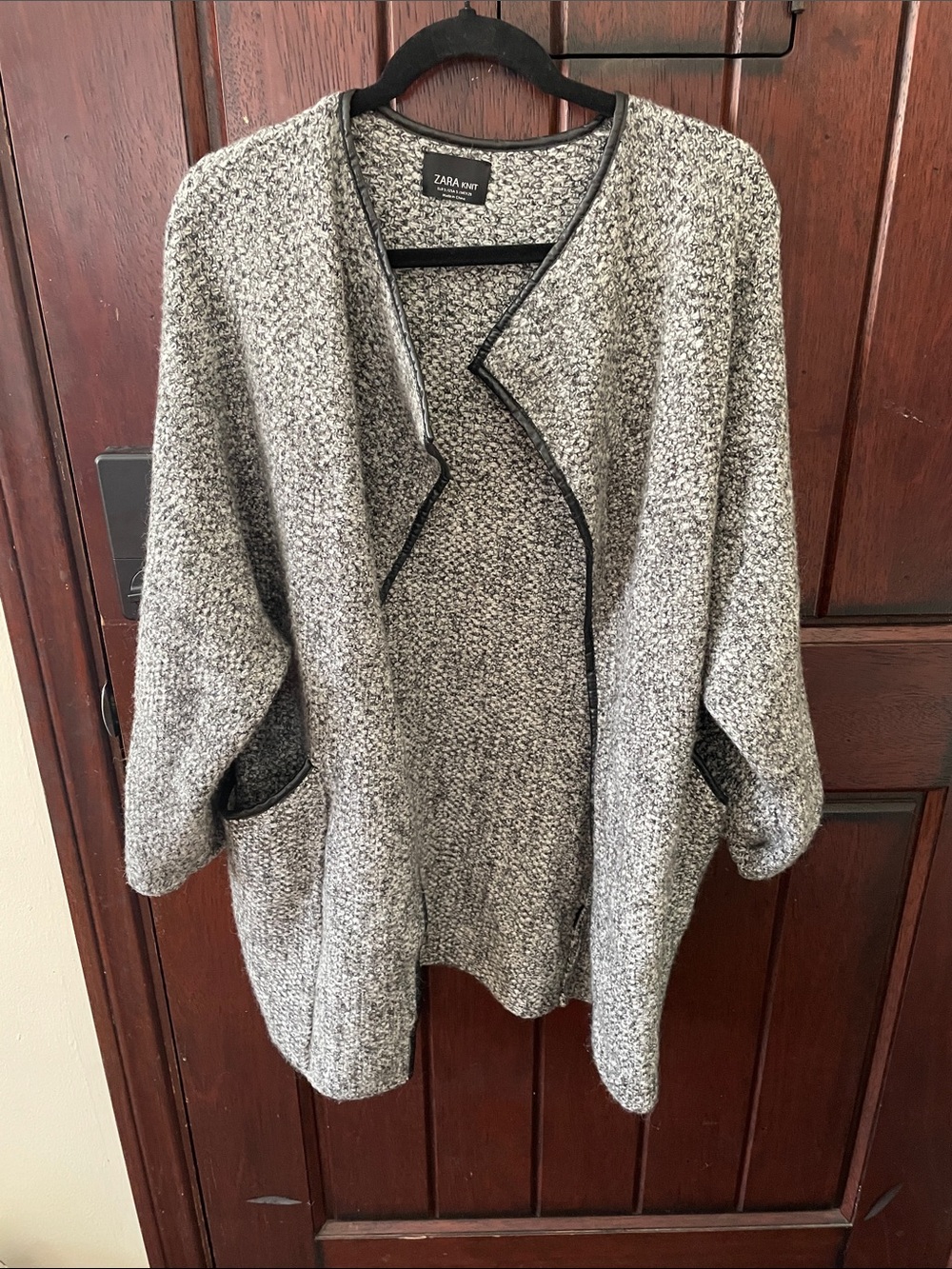 Zara Gray Open-Front Textured Knit Cardigan with Black Trim